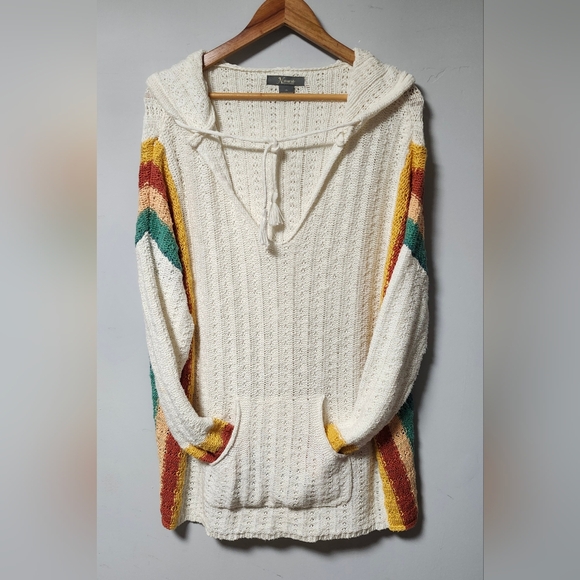 Natural Reflections White Colorful Stripe Baja Boho Knit Hoodie Sweater XL - Picture 2 of 5